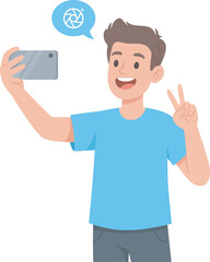 A smiling young man takes a selfie with his phone, displaying a peace sign.