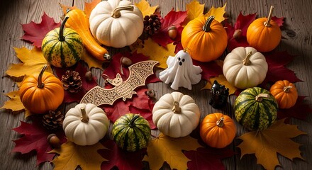 Assortment of decorative gourds and seasonal figures resting on colorful fallen foliage over weathered wood