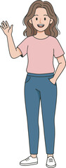 A cartoon illustration of a smiling woman waving hello with one hand.