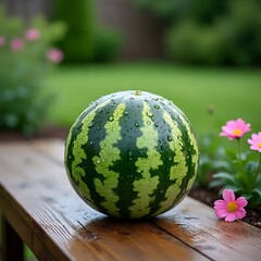 Fresh whole watermelon with water droplets on wooden bench in garden