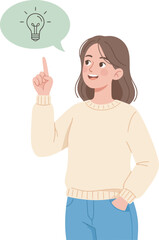 A young woman points upward, a thought bubble displays a lightbulb, symbolizing an idea.