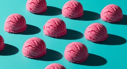 Multiple scoops of pink frozen dessert are arranged in a repeating pattern on a bright blue surface