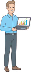 Man holding a laptop displaying a bar graph showing upward trends.