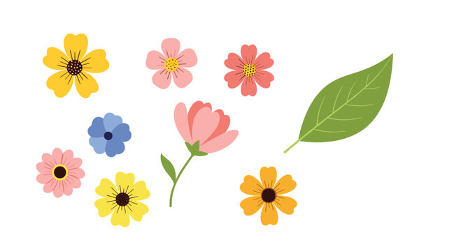 A collection of colorful cartoon flowers and a single green leaf on a white background.