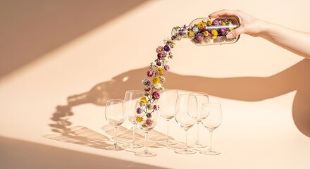 Hand pours dried colorful blossoms from a clear glass bottle into several empty wine glasses