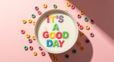 Colorful breakfast cereal pieces spelling positive message float in milk within a bowl against a pastel background