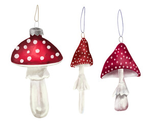 Watercolor illustration of New Year and Christmas tree decorations, toadstools. Mushroom decorations. 