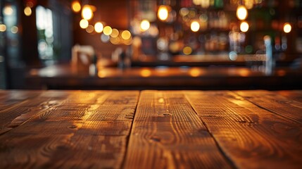 Warm wooden table in foreground with blurred cozy bar background, soft golden lights creating intimate atmosphere of relaxation and comfort