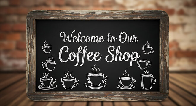 Welcome To Our Coffee Shop Chalkboard Sign, Hand Drawn Lettering, Vintage Style