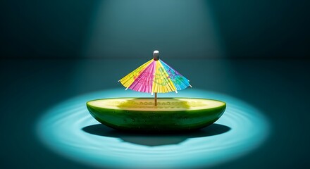 Half a green vegetable forms a boat with a colorful paper parasol on a moody blue surface
