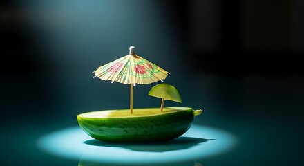 Miniature edible vessel crafted from fresh green vegetable rests under dramatic spotlight