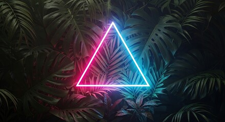 Brightly glowing geometric shape illuminates lush dark tropical foliage backdrop