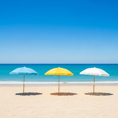 Three colorful shade umbrellas stand spaced apart on a sunny tropical beach overlooking turquoise water