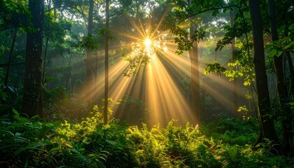 Sunlight streaming through a dense forest, illuminating lush greenery and creating a tranquil atmosphere