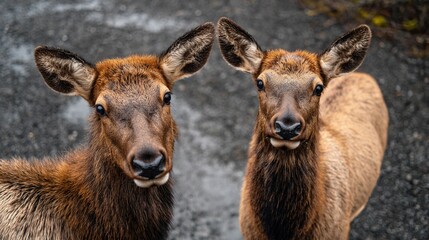 Two young elk calves with attentive expressions standing close together on a rocky, muted background, showcasing their warm brown fur and distinctive large ears