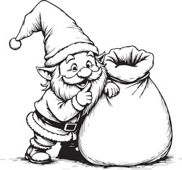 Christmas gnome with giant present sack and playful gesture, festive delivery character art