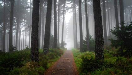 Fototapeta premium Serene misty forest path leading through tall trees, inviting exploration into nature's tranquility