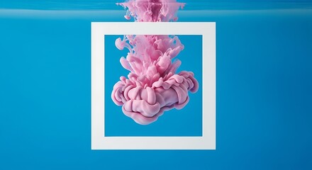 Viscous pink pigment cloud expands within clear liquid behind a white square frame