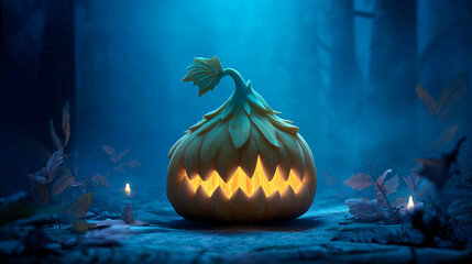 Glowing jack-o'-lantern with carved sharp teeth in a dark enchanted forest illuminated by candlelight