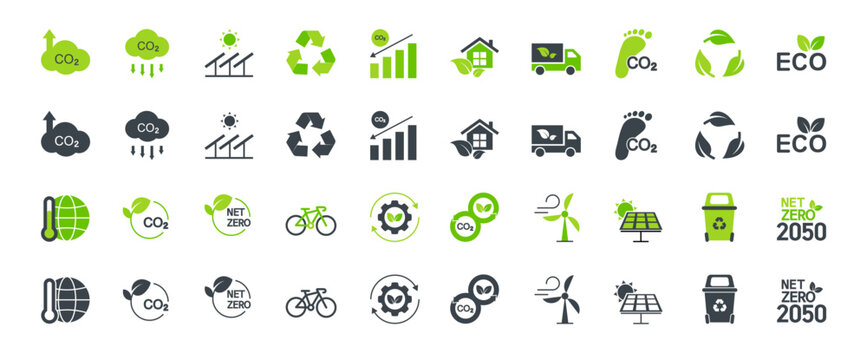 Net zero icon set. Containing renewable energy, environment, recycling, green nature and more. Vector illustration.