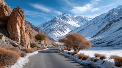 Scenic Mountain Pass Road Winding Through Snow Covered Landscape Under a Bright Blue Sky With Wispy Clouds Dramatic Rocky Outcrops and Sparse Trees Adorned with Autumn Foliage