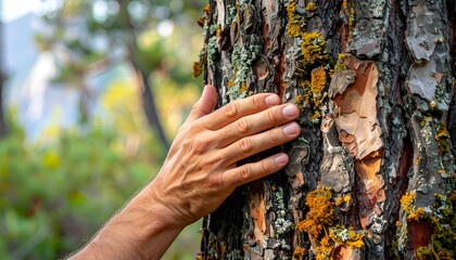 Close-up of a human hand gently touching the textured bark of a tree in a serene forest setting