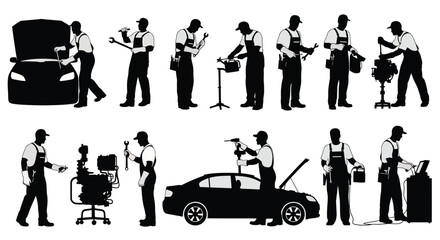 Silhouette of car mechanic working on vehicle, repairing engine, changing tires