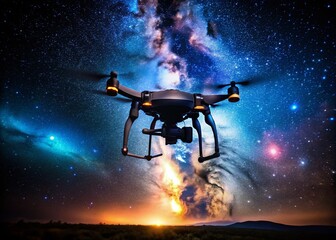 Fototapeta premium Drone Silhouette Against Black Night Sky - Aerial Photography