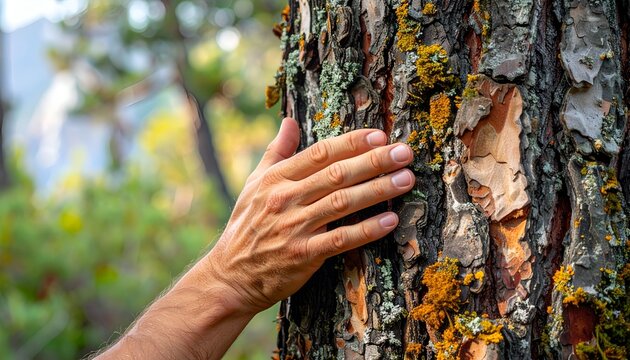 Close-up of a human hand gently touching the textured bark of a tree in a serene forest setting