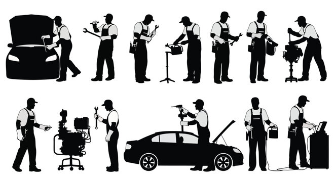 Silhouette of car mechanic working on vehicle, repairing engine, changing tires