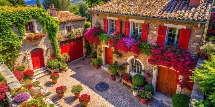 Fototapeta Drone View: Charming Red House with Traditional French Door -  Provence Style Architecture