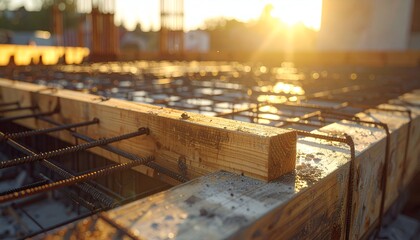 Close-up of wooden framing on a construction site at sunset, highlighting steel reinforcements and warm light