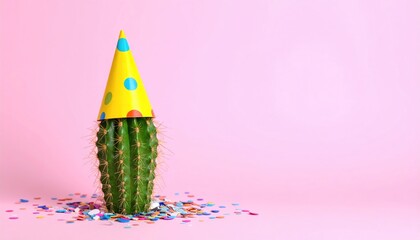 Cactus Wearing a Party Hat on Pink Background with Confetti
