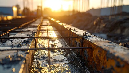 Close-up of a construction site with metal reinforcements and wet concrete at sunset, showcasing progress