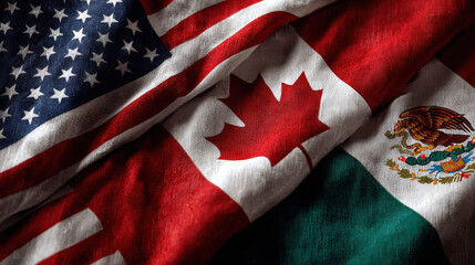 Flags of the United States, Mexico, and Canada together representing North American unity and the 2026 football championship