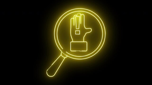 A yellow neon outline depicts a magnifying glass focusing on a hand with a square on the palm and rectangles at the wrist and finger base