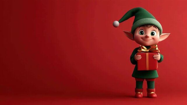 Christmas elf holiday character holding gift, 3D illustration in playful pose isolated on red background with space for text, festive cartoon design for seasonal projects