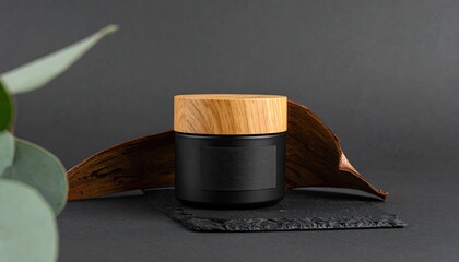 Black Cream Jar with Wooden Lid on Slate Background