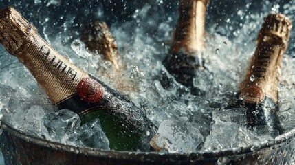 Chilled champagne bottles splash in ice-filled bucket at celebration party