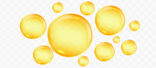 Oil drops on a transparent background. Yellow bubbles, vitamin C , collagen, cream, omega. Eps 10