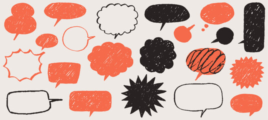 Childish crayon drawn scrapbook speech bubble stickers. Scribble doodle paper stickers for hand drawn notes, collages and social media designs. Rippled paper dialogue or conversation clouds, shapes. © KPstudio