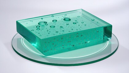 Teal Glass Slab with Bubbles on Glass Plate