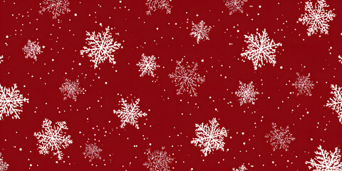 Festive red background showcases falling white snowflakes, creating a wintery and elegant pattern.