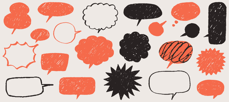 Childish crayon drawn scrapbook speech bubble stickers. Scribble doodle paper stickers for hand drawn notes, collages and social media designs. Rippled paper dialogue or conversation clouds, shapes.