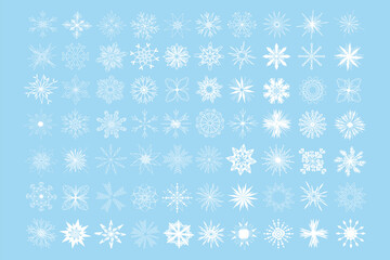 Realistic snowflakes Icons. Winter concept. Set of snowflakes on blue background. Snow, winter holidays. Vector illustration.
