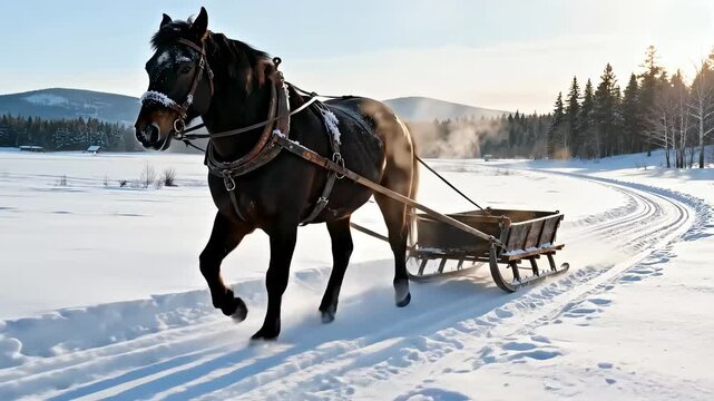 Majestic black horse pulling a wooden sled through a snowy landscape, steam rising from its breath, showcasing the beauty of winter, camera follows the horse in a smooth motion