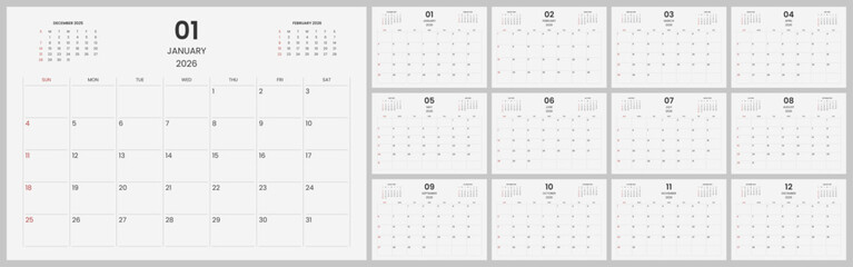 Simple and clean calendar template for 2026. Modern 2026 desk calendar design for company. Monthly calendar for 2026 with daily planer.