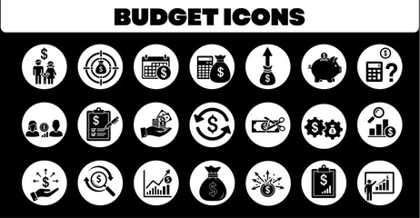 Dynamic collection of budget and finance icons, ideal for illustrating effective money management, financial planning, savings, investment, and economic growth strategies