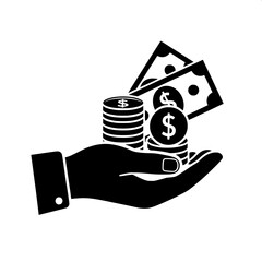 Vector illustration of a hand holding cash money, coins, and dollar banknotes, representing a concept of payment, finance, and personal wealth in a simple icon