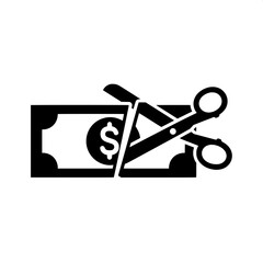 Cutting Costs Black Icon of Scissors Slicing Through a Dollar Bill, Representing Price Reduction